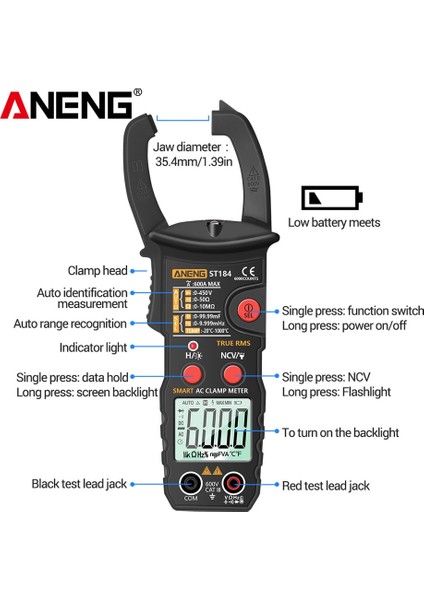 ST184 Siyah Aneng ST184 Dijital Multimetre Pens Metre True Rms 6000 Sayım Profesyonel Ölçüm Test Cihazları Ac/dc Gerilim Ac Akım Ohm (Yurt Dışından)