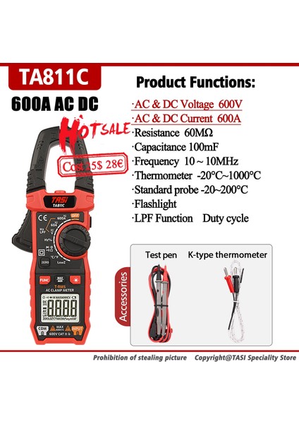 TA811B (Ac 600A) Tası TA811A Dijital Pens Metre 6000 Sayım True Rms 1000A 600A Akım Multimetre Sıcaklık Hassasiyetli Voltmetre Otomatik Aralığı (Yurt Dışından) modelleri