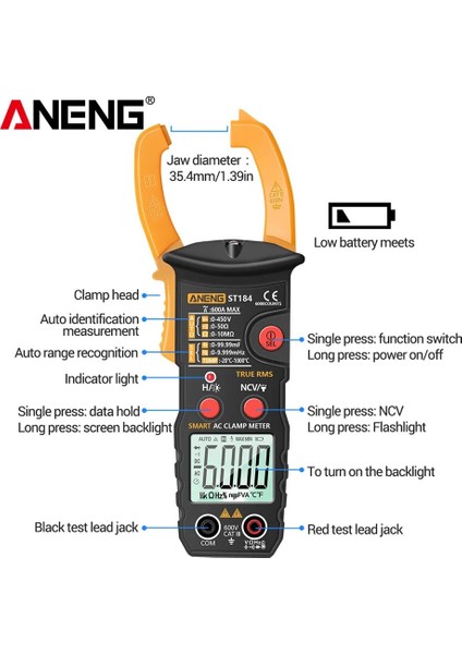 ST184 Kutulu ST184 Dijital Multimetre Profesyonel 6000 Sayım Pens Metre True Rms Ac/dc Gerilim Test Cihazı Ac Akım Hz Kapasite Ohm Testi (Yurt Dışından)