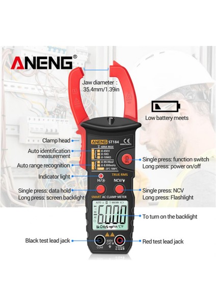 Sarı Aneng ST184 Dijital Kelepçe Multimetre Metre Profesyonel True Rms 6000 Ac/dc Gerilim Akım Test Cihazı Hz Ohm Kapasite Sayımları (Yurt Dışından)