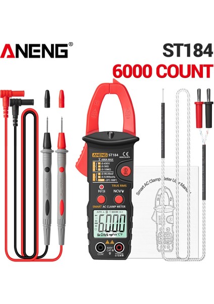 Kırmızı ST180 Aneng ST184 180 Dijital Kelepçe Multimetre Metre 6000 Sayım Profesyonel True Rms Ac/dc Gerilim Akım Test Cihazı Hz Kapasite Ohm (Yurt Dışından)