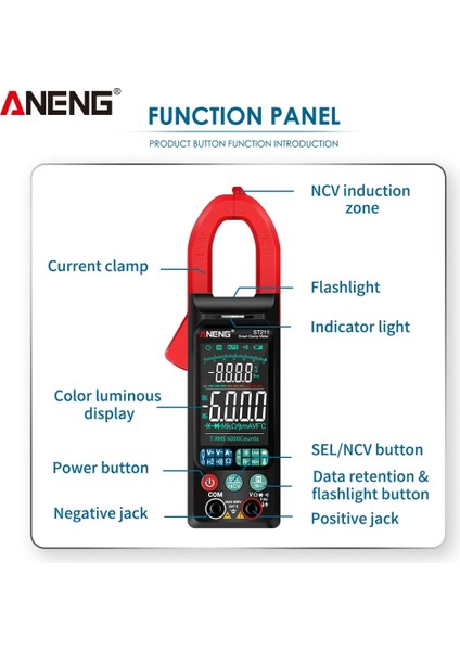 ST211 Kırmızı (Kutu) Aneng ST211 Akım Pens Metre Ampermetre 6000 Sayım Büyük Renkli Ekran Testi Ac Dc Gerilim Araba Amp Hz Ncv Ohm Test Cihazı Multimetros (Yurt Dışından)