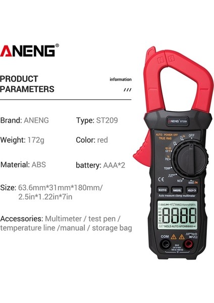 Kırmızı Aneng ST209 Dijital Pens Metre Multimetre 6000 Sayım True Rms Mini Amp Dc/ac Pens Metre Voltmetre 400V Otomatik Aralığı (Yurt Dışından)