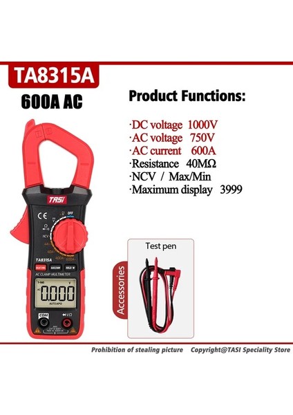 TA8315A (Ac 600A) Tası TA811A Dijital Pens Metre 6000 Sayım True Rms 1000A 600A Akım Multimetre Sıcaklık Hassas Voltmetre Otomatik Aralığı (Yurt Dışından)