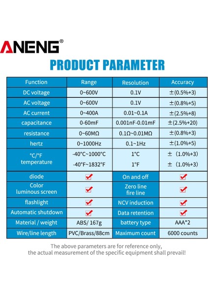 Siyah Aneng ST211 Dijital Pens Metre 6000 Sayım Dc/ac Gerilim Akım Test Cihazı Multimetre Araba Amp Hz Büyük Renkli Ekran Ncv Ohm Testi (Yurt Dışından)
