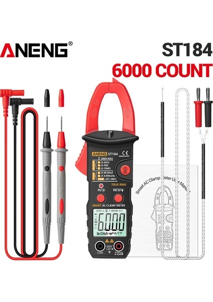 ST184 Kırmızı Aneng ST184 Dijital Kelepçe Multimetre Metre 6000 Sayım Profesyonel True Rms Ac/dc Gerilim Akım Test Cihazı Hz Kapasite Ohm (Yurt Dışından)