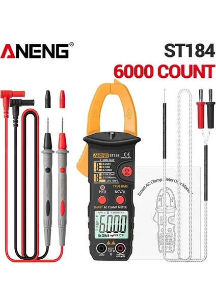 ST184 Sarı Aneng ST184 Dijital Kelepçe Multimetre Metre 6000 Sayım Profesyonel True Rms Ac/dc Gerilim Akım Test Cihazı Hz Kapasite Ohm (Yurt Dışından)