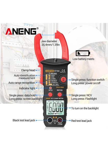 Kırmızı Aneng ST184 Dijital Kelepçe Multimetre Metre Profesyonel True Rms 6000 Ac/dc Gerilim Akım Test Cihazı Hz Ohm Kapasite Sayımları (Yurt Dışından)