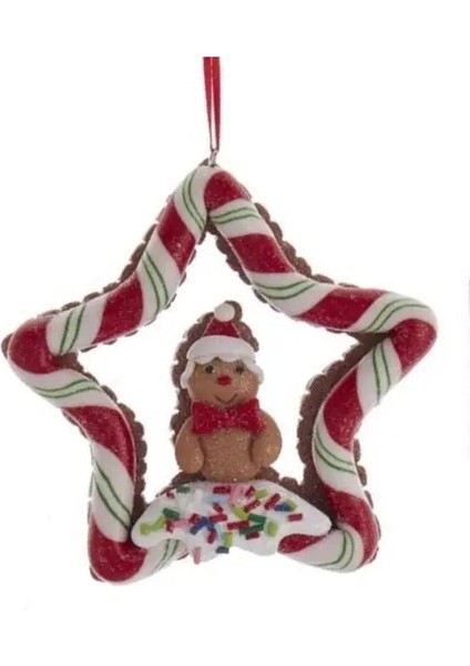 Kırmızı 10 cm Kil Dolgulu Kurabiye Adam Şeker Şeritli Yıldız Yılbaşı Süsü