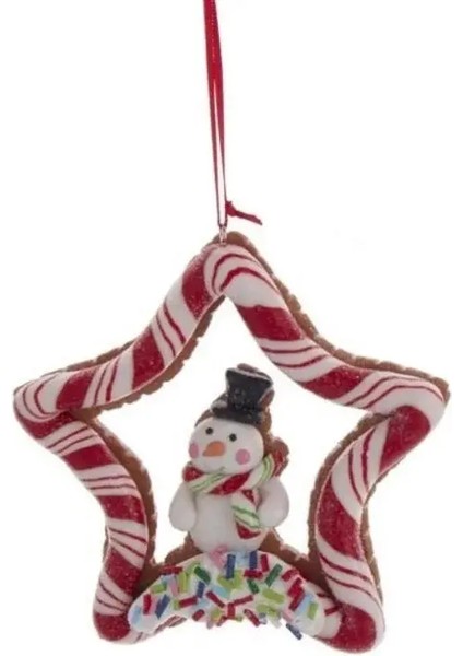 Kırmızı 10 cm Kil Dolgulu Kardan Adam Şeker Şeritli Yıldız Yılbaşı Süsü