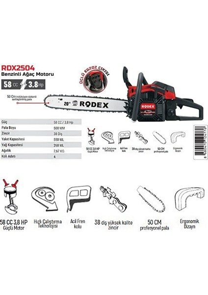 RDX2504 Benzinli Hızar Ağaç Kesme Motoru 50 cm 38 Diş