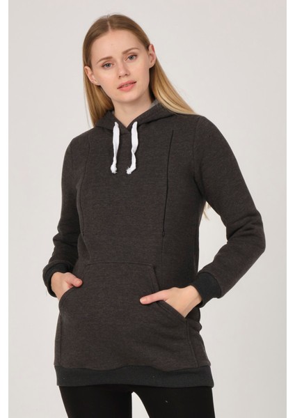Hamile Emzirme Detaylı Termal Kapüşonlu Sweatshirt Antrasit