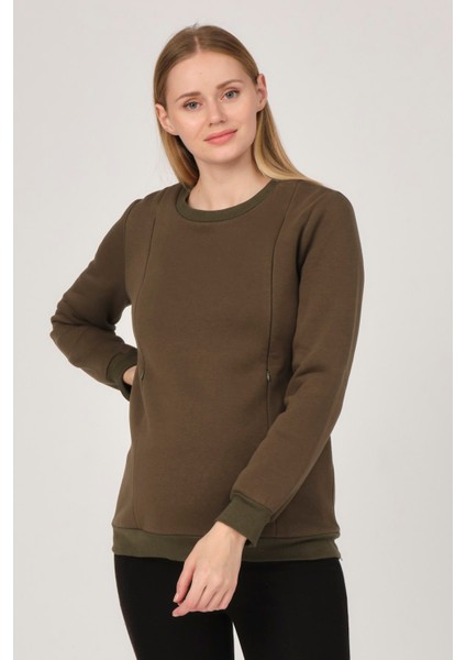 Hamile Emzirme Detaylı Termal Sweatshirt Haki