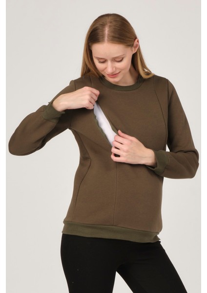 Hamile Emzirme Detaylı Termal Sweatshirt Haki fiyatları