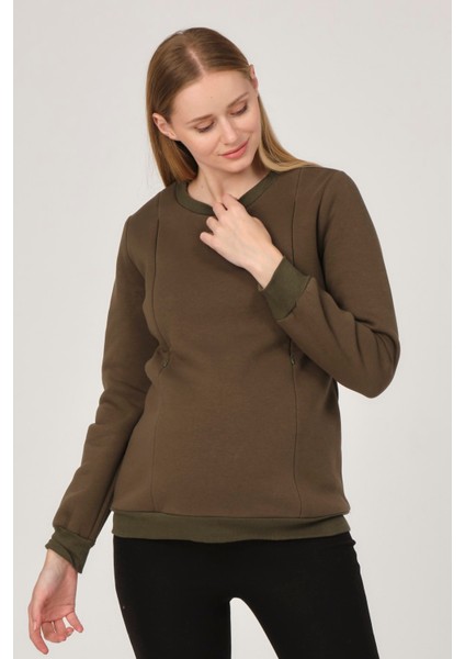Hamile Emzirme Detaylı Termal Sweatshirt Haki indirimleri