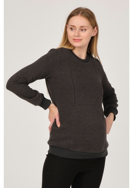 Hamile Emzirme Detaylı Termal Sweatshirt Antrasit
