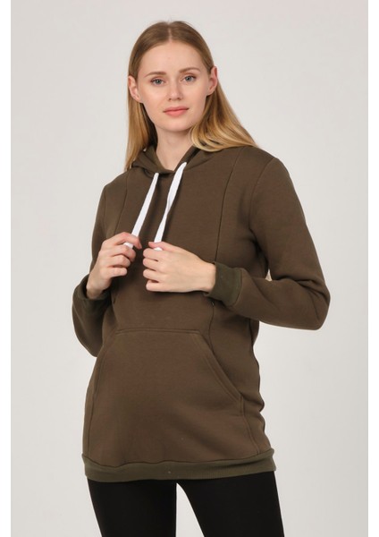Hamile Emzirme Detaylı Termal Kapüşonlu Sweatshirt Haki