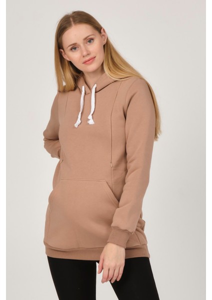 Hamile Emzirme Detaylı Termal Kapüşonlu Sweatshirt Bej