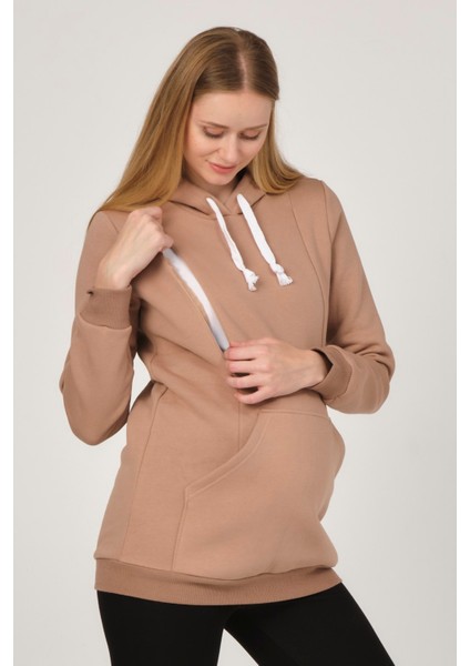 Hamile Emzirme Detaylı Termal Kapüşonlu Sweatshirt Bej fiyatları