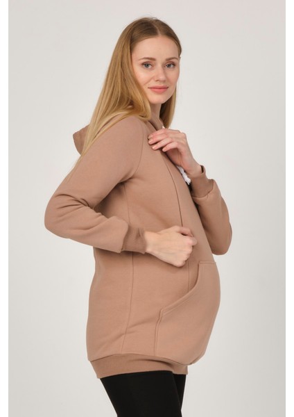 Hamile Emzirme Detaylı Termal Kapüşonlu Sweatshirt Bej modelleri