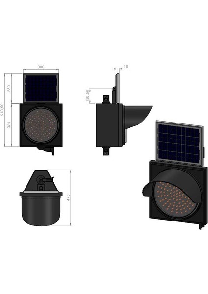 200 mm Ledli Güneş Enerjili Flaşör, Solar Çakar Lamba