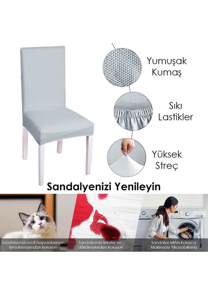 Likralı Sandalye kılıfı Esnek Streçli Lastıklı Sandalye Örtüsü Balpetek Sandalye koruyucu (6adet) gri