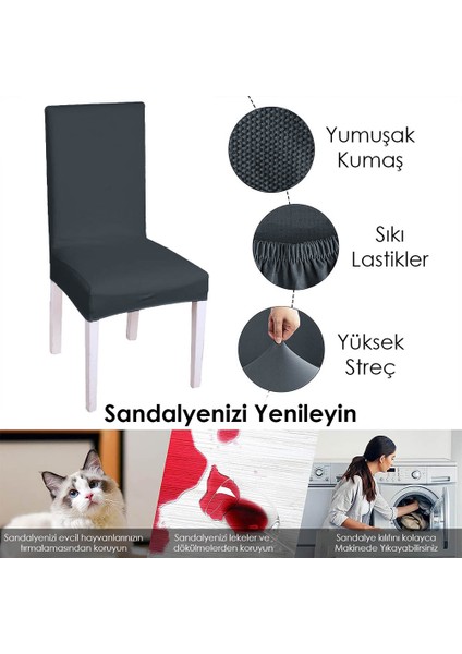 Likralı Sandalye kılıfı Esnek Streçli Lastıklı Sandalye Örtüsü Balpetek Sandalye koruyucu (6adet) antrasit