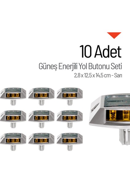 10'lu Set Sarı Güneş Enerjili Çakar Yol Butonu, Ankrajlı