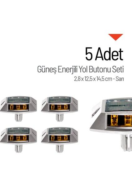 5'li Set Sarı Güneş Enerjili Çakar Yol Butonu, Ankrajlı