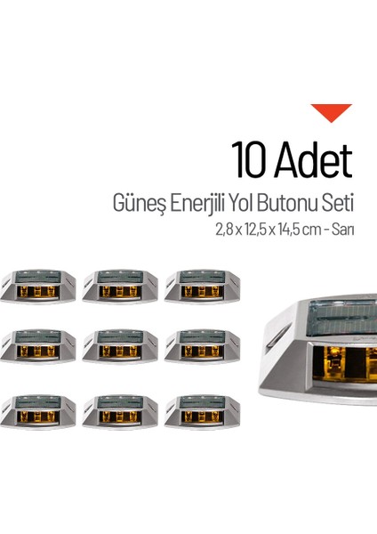 10'lu Set Sarı Solar Yol Butonu 3x3 Ledli