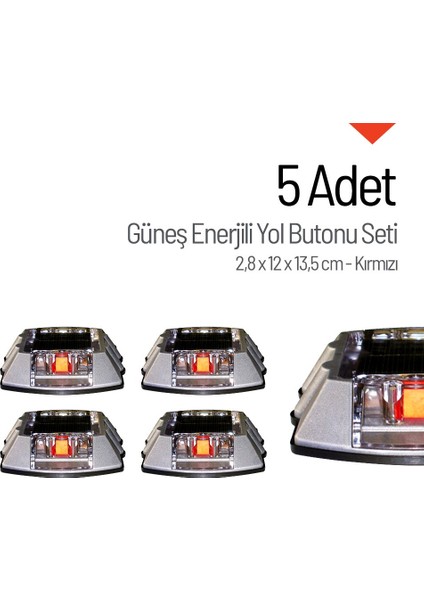 5'li Set Kırmızı Solar Çakar Yol Butonu, Poliüretan Taban