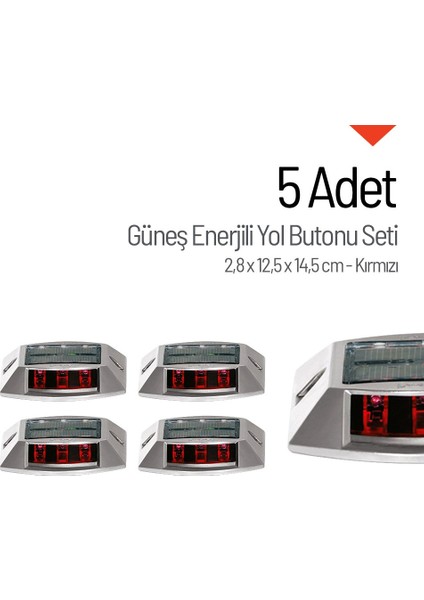 5'li Set Kırmızı Solar Yol Butonu 3x3 Ledli