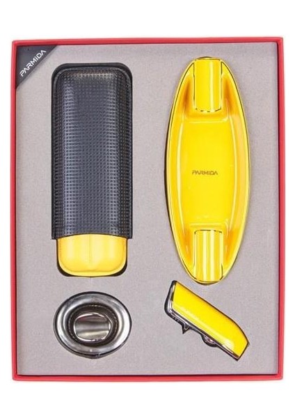 Çakmak Küllük Kılıf Sehpa Dörtlü Puro Seti Sarı