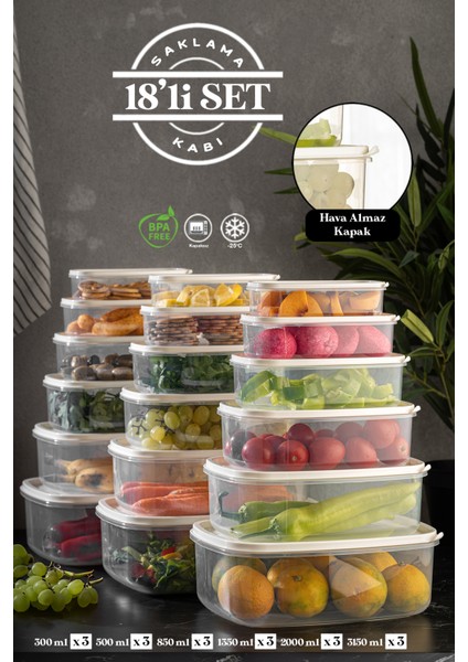 18'li Sweet Box Saklama Kabı Seti Dikdörtgen Erzak Kabı Kavanoz Bej 3X(300-500-850-1350-2000-3150ML)