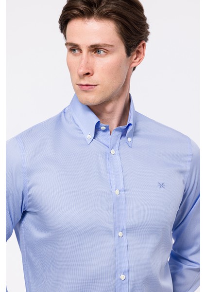 Erkek Mavi Cooper Fit Düğmeli Yaka Klasik Gömlek