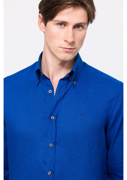 Erkek Koyu Mavi Cooper Fit Düğmeli Yaka Keten Gömlek