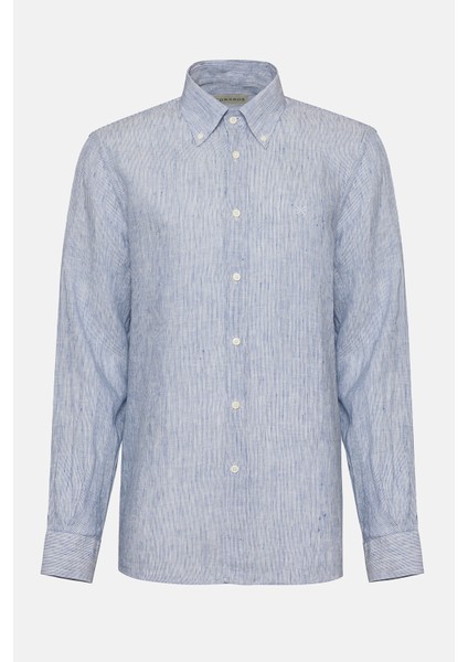 Erkek Açık Mavi Cooper Fit Düğmeli Yaka Keten Gömlek