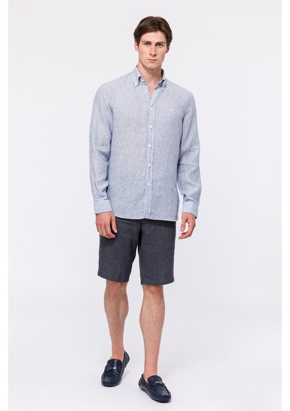 Erkek Açık Mavi Cooper Fit Düğmeli Yaka Keten Gömlek fiyatları