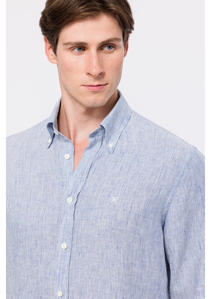 Erkek Açık Mavi Cooper Fit Düğmeli Yaka Keten Gömlek modelleri