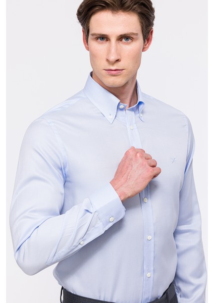 Erkek Mavi Oliver Fit Düğmeli Yaka Klasik Gömlek