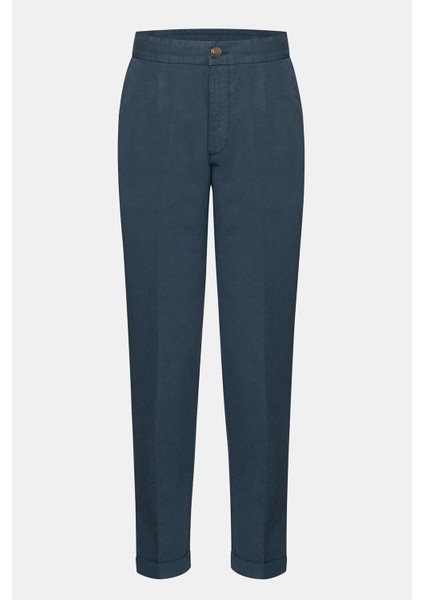 Erkek Lacivert Beli Lastikli Bağcıklı Keten Pantolon