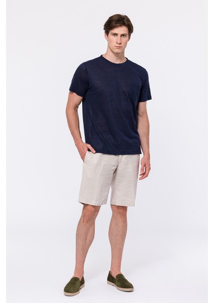 Erkek Lacivert Bisiklet Yaka Keten T-Shirt fiyatları