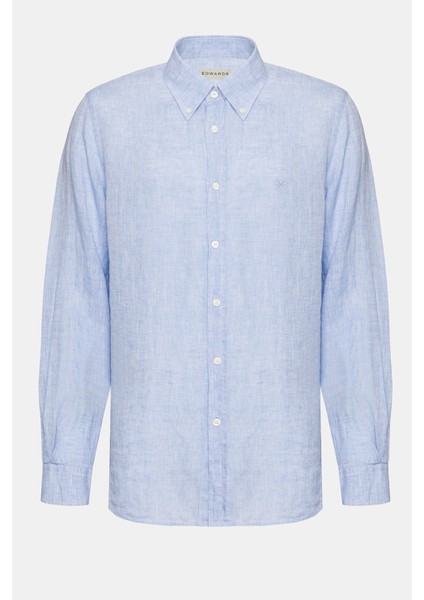 Erkek Açık Mavi Cooper Fit Düğmeli Yaka Keten Gömlek