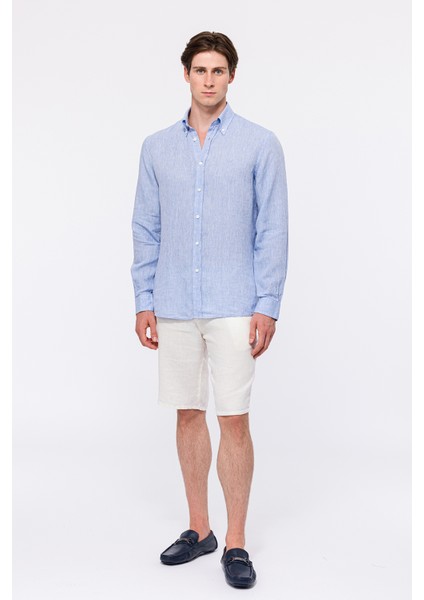 Erkek Açık Mavi Cooper Fit Düğmeli Yaka Keten Gömlek fiyatları