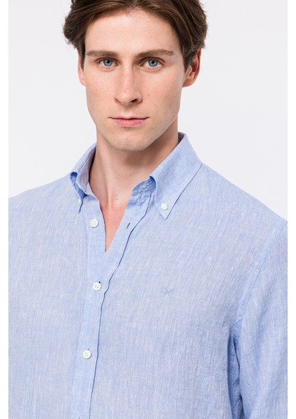 Erkek Açık Mavi Cooper Fit Düğmeli Yaka Keten Gömlek modelleri