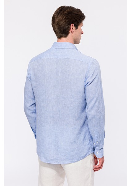 Erkek Açık Mavi Cooper Fit Düğmeli Yaka Keten Gömlek fırsatları