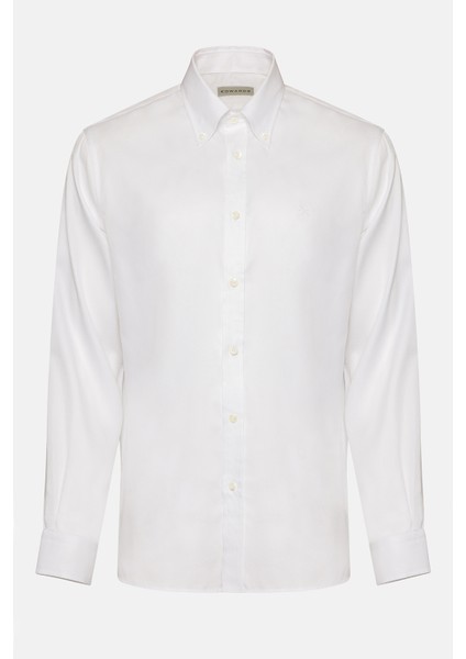 Erkek Beyaz Cooper Fit Düğmeli Yaka Klasik Gömlek