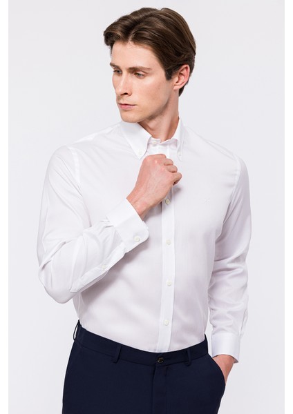Erkek Beyaz Cooper Fit Düğmeli Yaka Klasik Gömlek modelleri