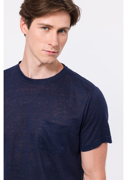 Erkek Lacivert Bisiklet Yaka Keten T-Shirt modelleri