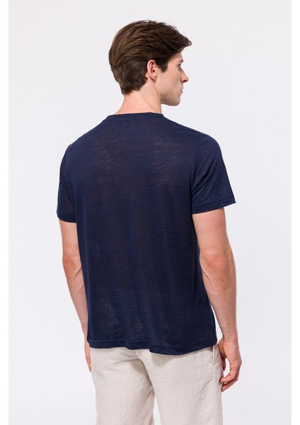 Erkek Lacivert Bisiklet Yaka Keten T-Shirt fırsatları